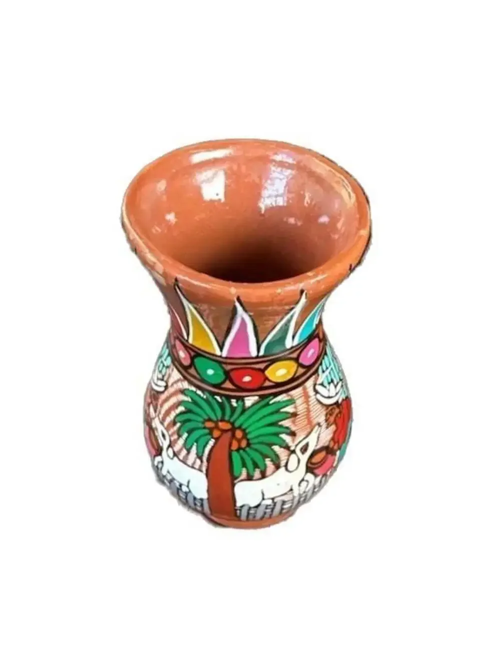 Vintage Hand Painted Mexican Folk Art Terracotta Pottery Storytelling Vase